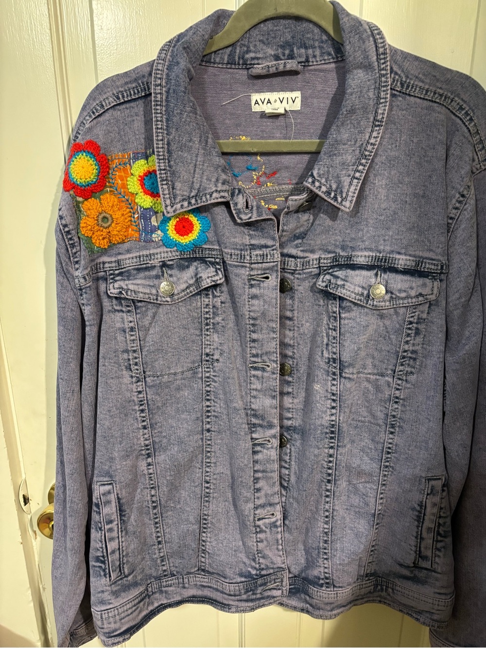 Ava & Viv Light Blue Denim Jacket with Multicolor Crochet Flowers